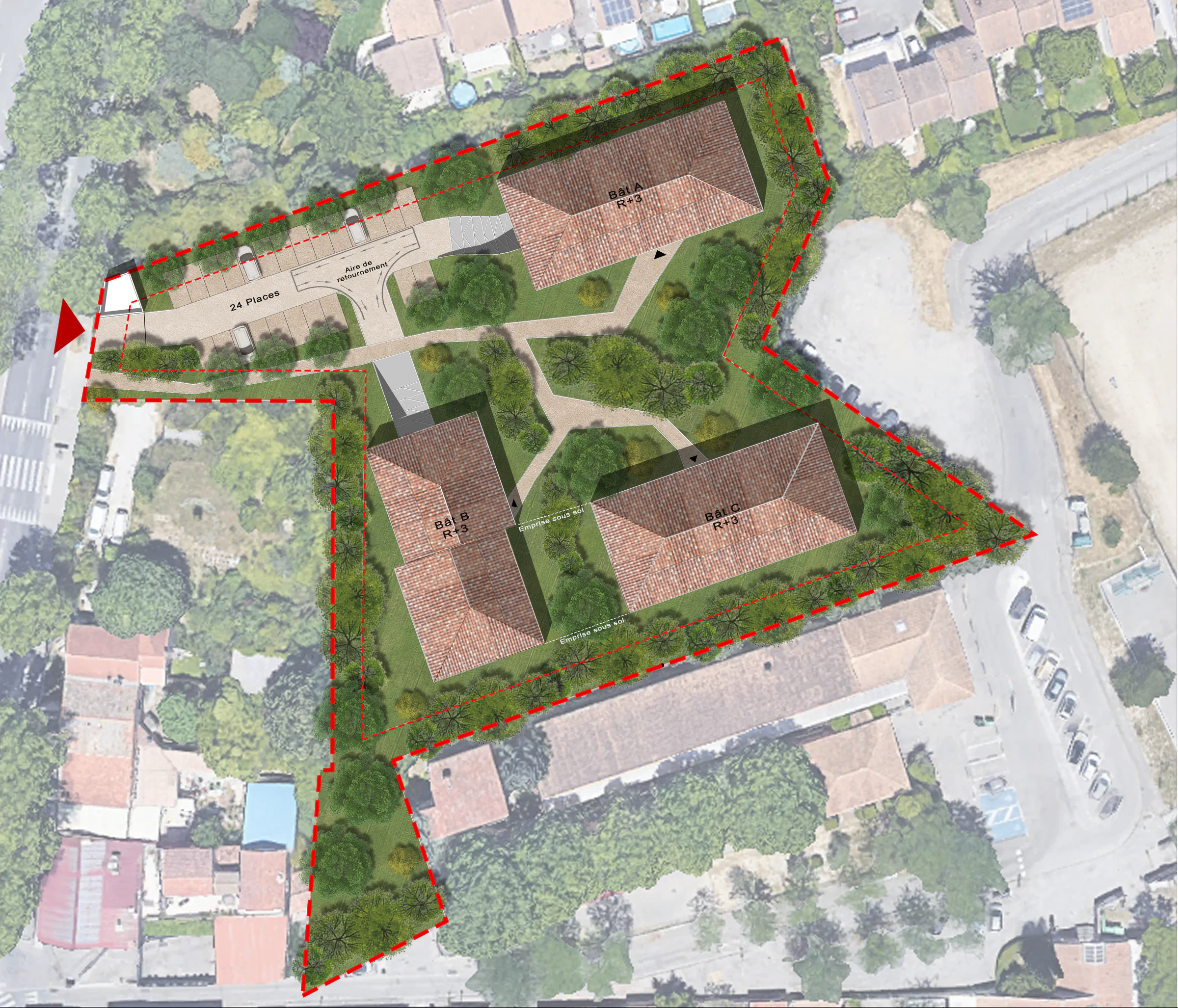 Plan de masse du projet superposé au terrain